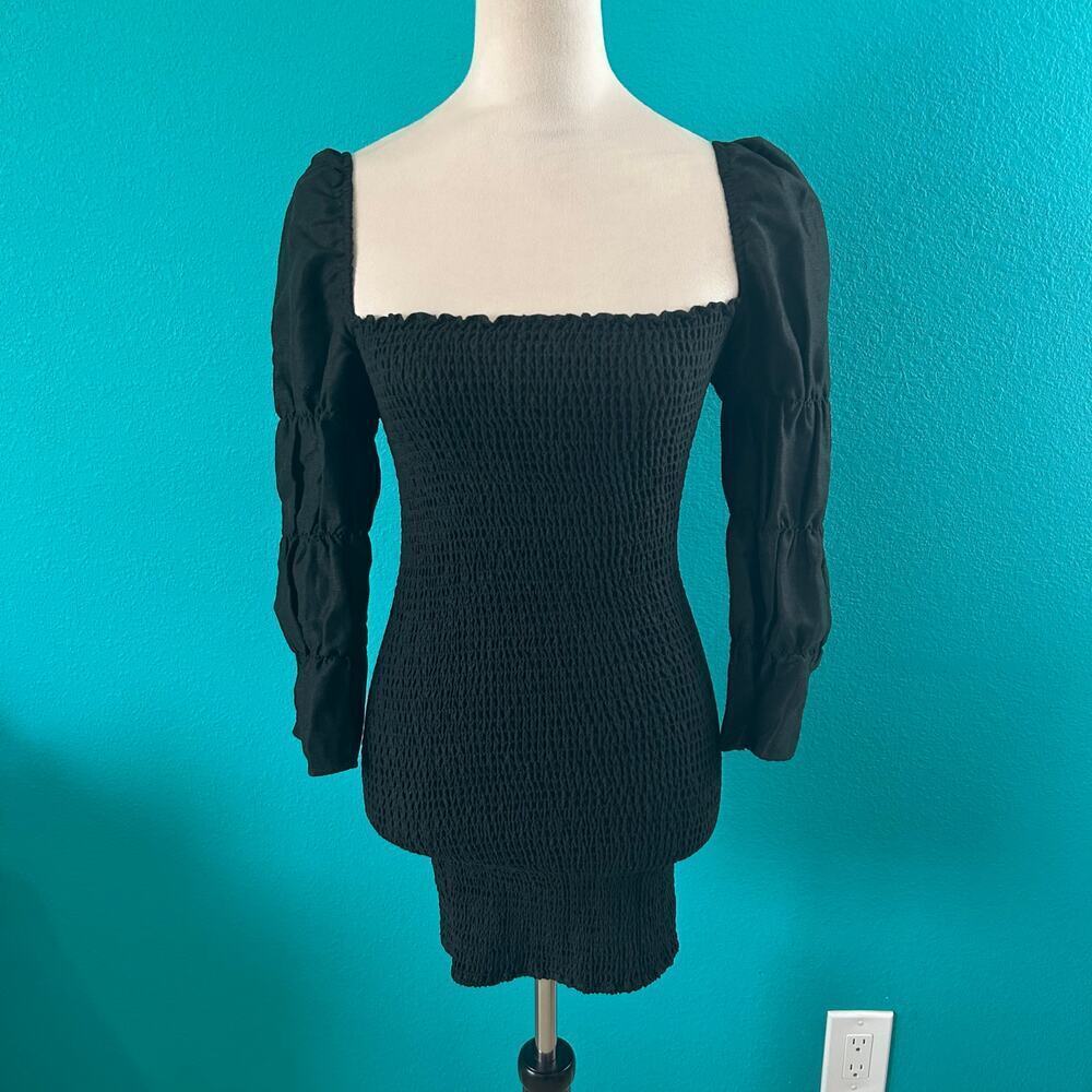 Reformation Black Hilary Linen Shirred Mini Dress Bloggers Smocked Bodycon Sz S
